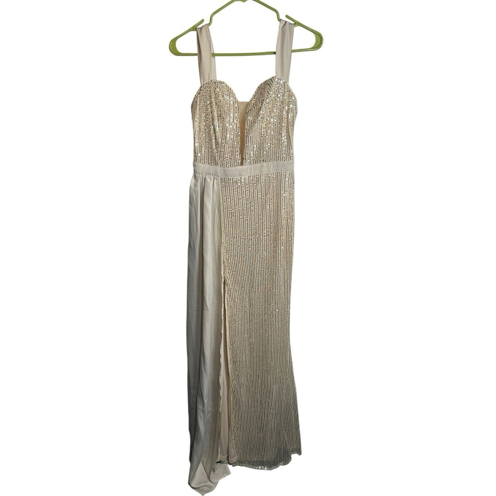 Basrey Champagne Sequin Maxi Dress High Slit Formal Evening Gown Size 2 XS